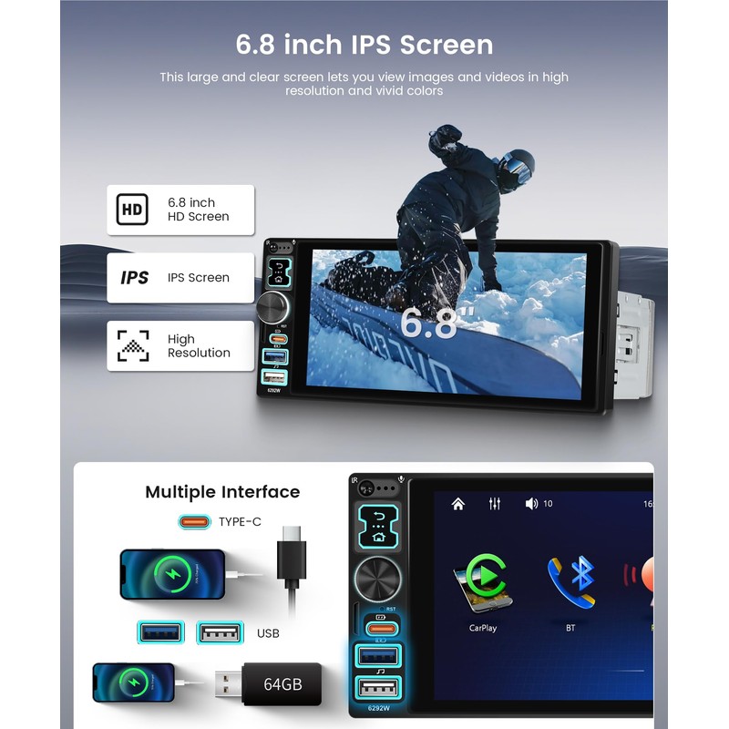 Single Din Car Stereo Wireless Carplay Android Auto, 6.8 Inch