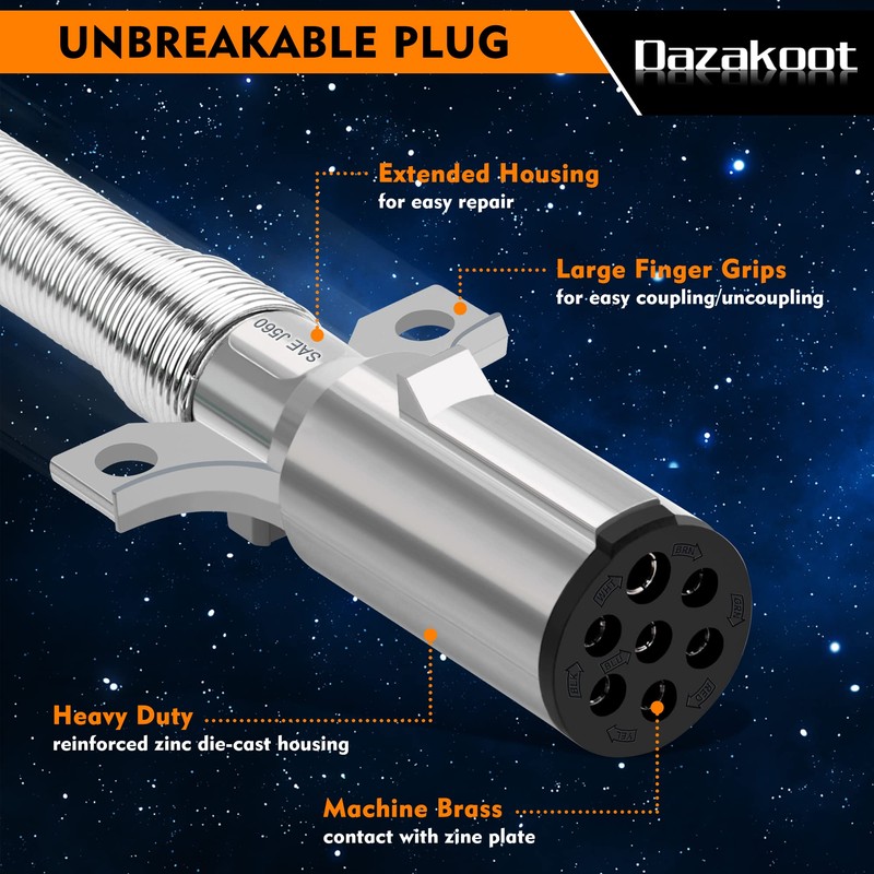 Dazakoot 7 Way ABS Trailer Cord, 15FT Straight 7 Way