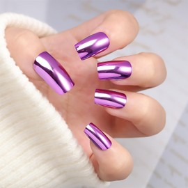 Light Purple Press on Nails Medium Square Fake Nail With Chrome Designs Light Purple Mirror Metal False Nails Acrylic Glue on Nail Glossy Full Cover Artificial Stick on Nail for Women 24 Pcs