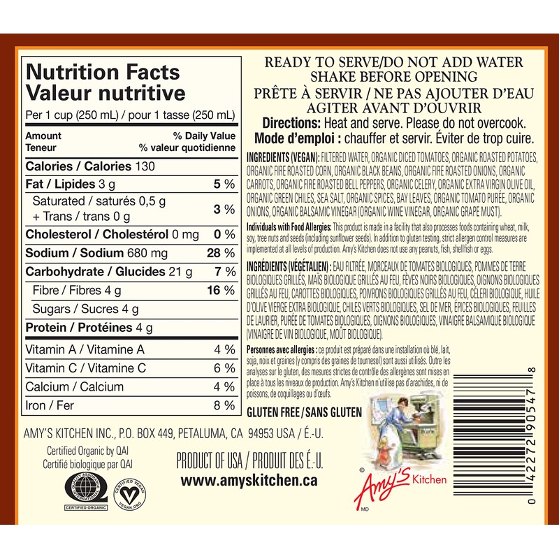 Amy'S Kitchen Organic Fire Roasted Southwestern Vegetable Soup, 398 ml