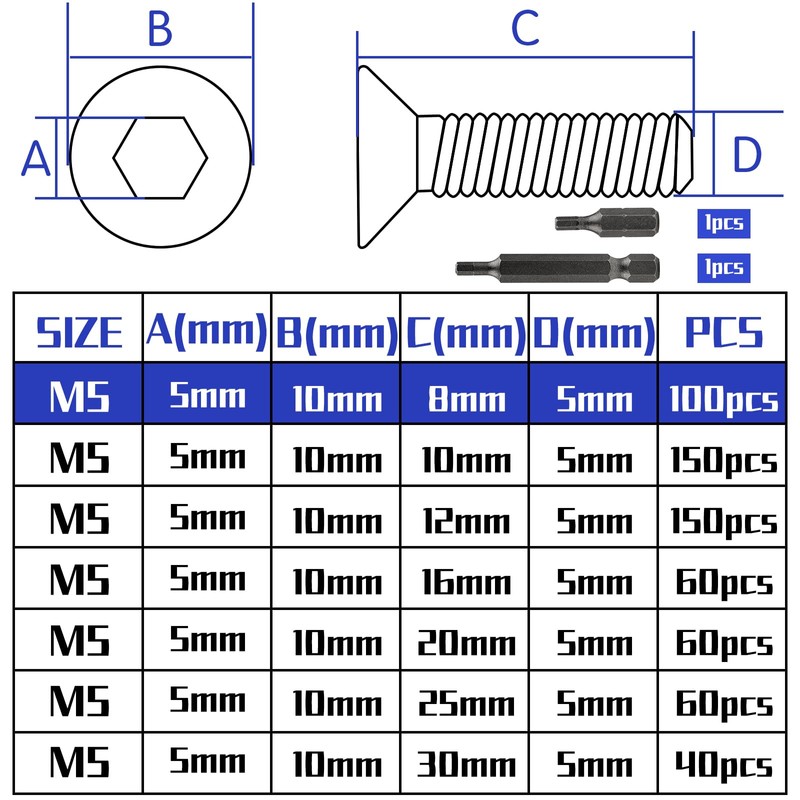 Countersunk Screws M5 x 8 mm Stainless Steel Hexagon Socket