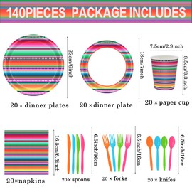 140PCS Mexican Fiesta Party Supplies Plates and Napkins Mexican Party Decorarions Tableware Set Colorful Stripes Mexico Plates,Serves 20