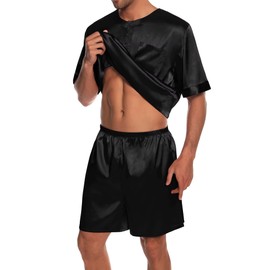 SWOMOG Men Satin Pajamas Set Short Sleeve Silk Sleepwear Button Down 2 Piece Loungewear with Pockets Black Medium