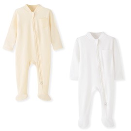 BINIDUCKLING Baby Boys Girls Double Zip Up Sleepsuit - Two-Way Zipper, Baby Footed Pajamas with Mitten Cuffs - Cotton Long Sleeve Onesie for Baby Grows 6-9 Month, Beige and White