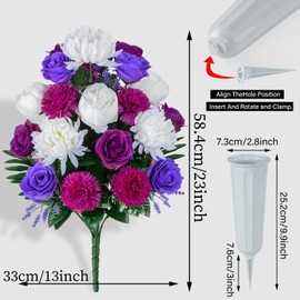 AOFOX Artificial Cemetery Flowers, Set of 2 Memorial Flowers with Vase, Artificial Rose Peony Flowers Bouquet for Cemetery Headstone Grave Tombstone Decoration