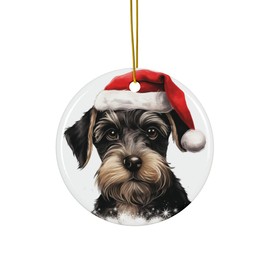 DistinctInk Hanging Ceramic Christmas Tree Ornament with Gold String - Great Gift/Present - 2 3/4 inch Diameter - Standard Schnauzer Puppy Drawing Design