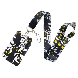 RuiChy Animal Printed Lanyard with Card Holder, Neck Lanyard with Sliding Badge Holder for ID Cards Keys, Neck Strap with Hard Vertical Card Protector for Office Exhibitions School Use (Black Cat)