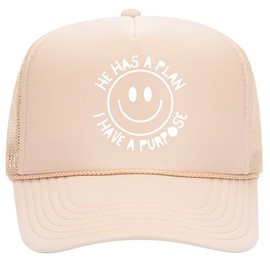 He Has A Plan I Have A Purpose Trucker Hat | God Blessed Jesus Pray Faith | Premium Snapback Hat for Men & Women (US, Alpha, One Size, Tan)