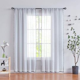 Treatmentex - Cortinas transparentes de lino con pompones grises para toldo en el recámara de niñas de 84 pulgadas de largo, cortinas transparentes con textura para ventanas, 2 piezas