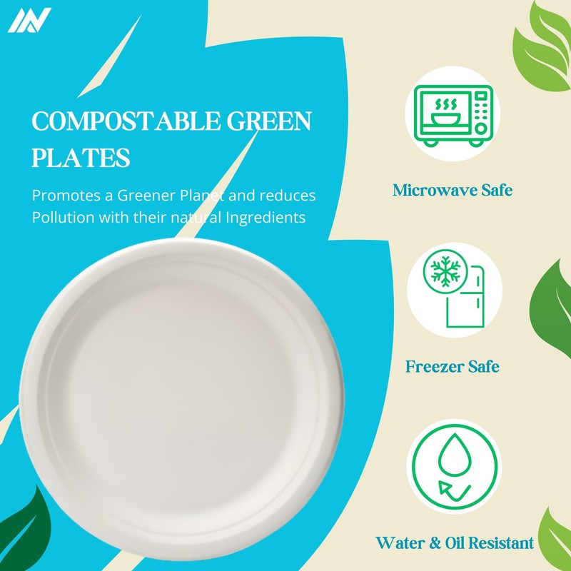 AAN 100% Compostable Biodegradable Paper Plates, Heavy-Duty Eco-Friendly Disposable Bagasse