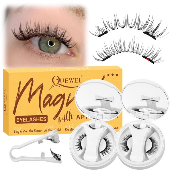 QUEWEL Magnetic Eyelashes with Applicator, 2 Pairs Portable Magnetic Lashes