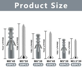 Set of 230 Screws and Dowels (115 x Impact Dowels, 115 x Plasterboard Screws), Masonry Bricks, Concrete Wall, Self-Drilling Screws and Plasterboard Anchors, Anchor Bolts, M3.5/M4/M5/M6/M8