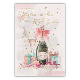 Daughter-In-Law 50th Birthday Card - Age 50 - Modern Champagne and Love Hearts Design - Special Finishes and Illustrated Insert Leaf - Made in the UK