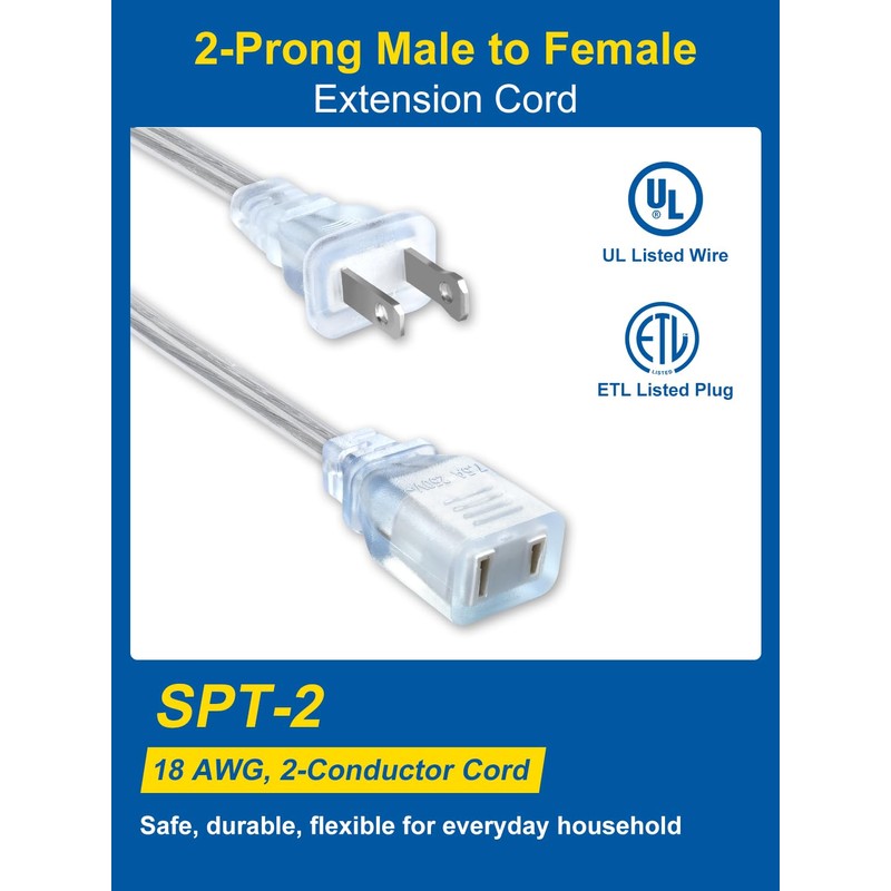 Short Clear Extension Cord 3FT, 1 Pack Single Skinny Extension