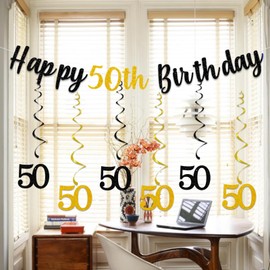 50th Birthday Party Decorations Men Women,Happy 50th Bunting Banner, 50 Banner Hanging Swirls Streamers for Women Men 50th Anniversary Party Decor Supplies Black Gold