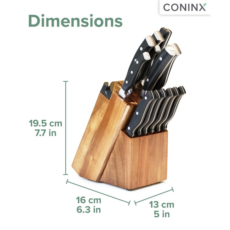 Coninx Universal Knife Block with Built-In Sharpener – 15-Slot Acacia