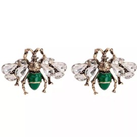 ZARD Bumblebee Green Enamel Earring in Clear Rhinestone Glass Crystal