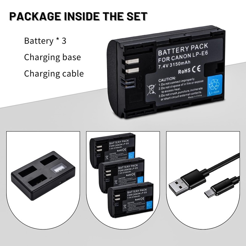 3-Pack LP-E6 LP-E6N Battery with Triple Charger for Canon EOS