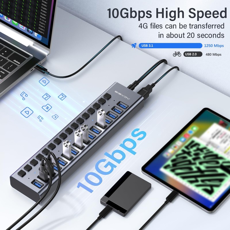 ACASIS Hub USB alimentado, 16 puertos USB 3.0 Data Hub,