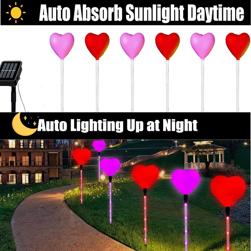 6 Packs Outdoor Pathway Lights-Solar Powered Heart Garden Path Stake
