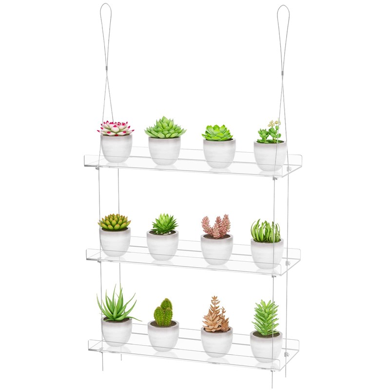 3-Tier Clear Hanging Window Plant Shelves 16In, Height Adjustable Acrylic