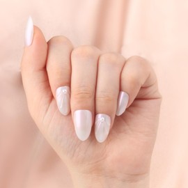 Pearl White 3D Press On Nails – Short Almond Glossy Acrylic Fake Nails with Shimmer Pink Sheen & Pearl Embellishments, 24PCS Reusable Stick On Nails with Nail Glue and Tools for Women