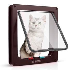 4-Way Switch Mode Cat Flap, Excellent Quality, Weatherproof Cat Door for Indoor and Outdoor Doors, Ideal for Cats and Small Dogs, Brown, 19 x 20 x 5.5 cm