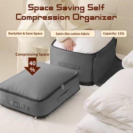 Kocusu Ultra Space Saving Self Compression Organizer 54*42*60cm,Koffer Organizer Groß mit Reißverschluss,Aufbewahrungsbox Unter Bett,Compression Storage Bag für Bettdecken,Bettwäsche,Kleidung (Grau)