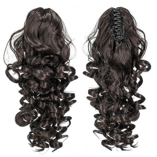 SWACC 12-Inch Short Screw Curls Claw Clip Ponytail Extensions Synthetic Clip in Drawstring Curly Ponytail Hairpiece Jaw Clip Hair Extension (Natural Color Close to Black-2#)