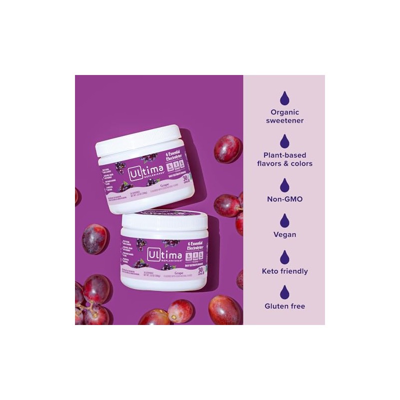 Ultima Replenisher Electrolyte Hydration Powder, Grape, 30 Serving Canister -