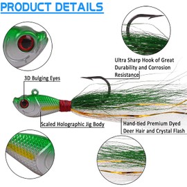Fishing Jig Head Lures Bucktail Jigs Lead Teaser Fishing Lure Baits Deer Feather with Fishing Hooks for Saltwater Freshwater Fishing 0.25oz/0.5oz/1oz/1.5oz/2oz(Green(1.5oz-2pcs))