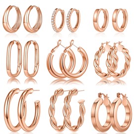 Rose Gold Hoop Earrings for Women Multipack, Small Chunky Thick Big Large Plated Filled Hoop Statement Earrings Set Pack Gold Jewelry Gifts for Women Trendy