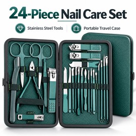 24-Piece Stainless Steel Manicure Pedicure Set – Green Nail Clippers, Facial Grooming Tools & Portable Travel Case