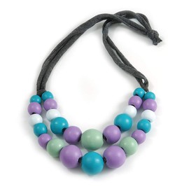 Avalaya Layered Graduated Multicoloured Pastel Shades Wooden Bead with Grey Fabric Cord Necklace - 66cm Long