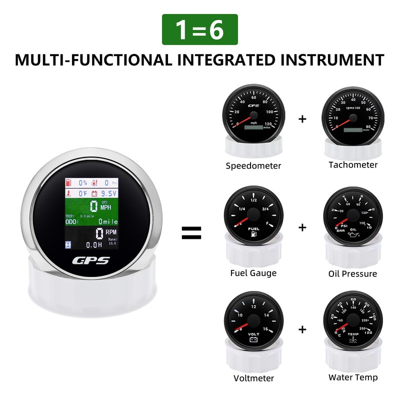 6-in-1 GPS Speedometer 3-3/8" 85mm MAIMEIMI Multi-Functional Adjustable Tachometer Voltmeter