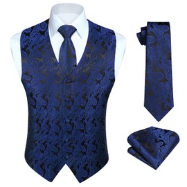 Hisdern Men's Floral Wedding Waistcoat, Tie and Handkerchief Set, Jacquard Waistcoat Suit Set