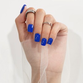 KQueenest Royal Blue Press On Nails Short Square - Acrylic Press On Nails With Glue, Glossy Bright Vibrant Blue Short Fake Nails Press ons, Reusable Soft Gel Glue on Nails for Women Gift, 24 Pcs