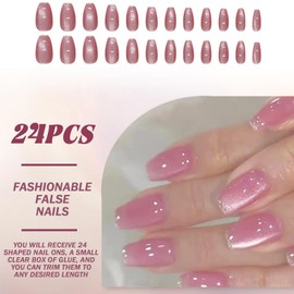24PCS Pink Cat Eye Press on Nails – Medium Coffin Glitter Acrylic Nails for Women, Shiny Full Cover Fake Nails with Glue, Elegant Pink Press On Manicure Set