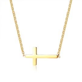 18K Gold Plated Stainless Steel Sideways Cross Necklace Small Simple Cross Pendant Necklace Delicate Christian Necklace for Women (Blue)