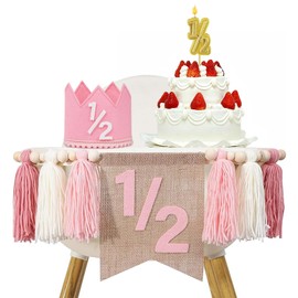1/2 Birthday Girl Half Birthday Decorations High Chair Banner, 6 Month Girl Tassel Wood Bead Highchair Garland (Pink)