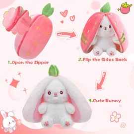 MIAODAM Bunny Stuffed Animal Reversible Cuddle Bunny Stuffed,Christmas Strawberry Bunny Transformed Rabbit Plush Zipper,Turns Into Ears Bunnies Plushies Toy Cute Stuffy Doll Easter Girlfriend Gift