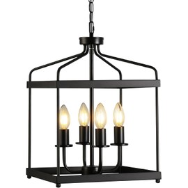 Farmhouse Rustic Black Chandelier, 4 Lights Lantern Pendant Light Ceiling Hanging Light Fixture for Kitchen Island Entryway Foyer Dining&Living Room, E12 Sockets Height Adjustable