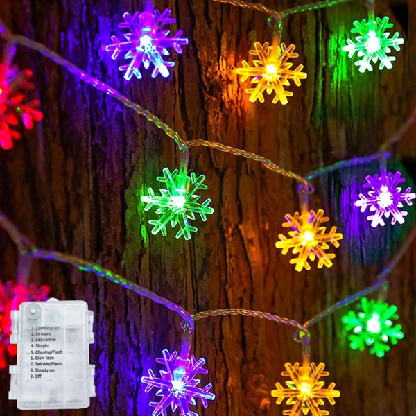 Dazzle Bright Christmas Snowflake String Lights, 2 Pack 50 LED 25 FT Battery Operated Christmas Lights with 8 Lighting Modes for Indoor Outdoor Xmas Tree Party Decorations, Multi-Colored