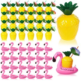 Hushee 24 Pack Pineapple Cups with 24 Flower Straws and 24 Inflatable Floating Flamingo Drink Holders Plastic Pineapple Cup Flamingo Coaster for Hawaiian Luau Summer Beach Birthday Party Favor Supply