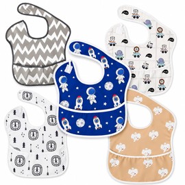 Coolspace Meal Aprons, Set of 5, Baby Meal Aprons, Weaning, Aprons, Nursery School, Waterproof, Baby Bibs, Includes Catch Pockets, , Adjustable, Machine Washable, 6 to 24 Months, Boys and Girls, A set