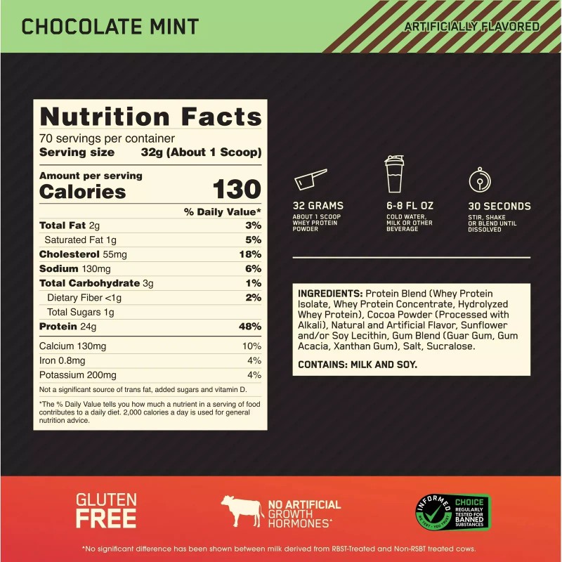 Optimum Nutrition Gold Standard 100% Whey Protein Powder, Chocolate Mint,