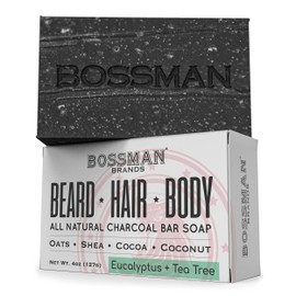 Bossman Men’s Bar Soap 4-in-1 – Natural Organic Beard Wash, Shampoo, Body Wash, Shaving and Bath Soap - Essential Beard Care (4oz), Scent- Eucalyptus and Tea Tree (1)