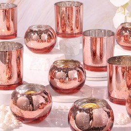20 Pcs Assorted Rose Gold Candle Holders Bulk, Rose Gold Birthday Decorations for Table, Larger Size Mercury Glass Candle Holders for Wedding, Votive Holders for Valentines, Bridal Shower
