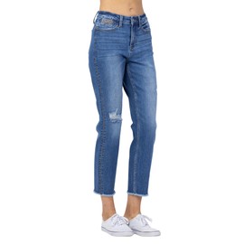 Judy Blue Women's High-Rise Howdy Embroidery Boyfriend Jeans with Side Seam Stitch (Medium Blue, 18W)