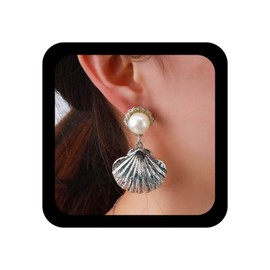 YienDoo Boho Pearl Shell Drop Earrings Studs Vintage Pearl Scallop Earrings Silver Summer Beach Earrings Shell Dangle Earrings Jewelry Gifts for Women